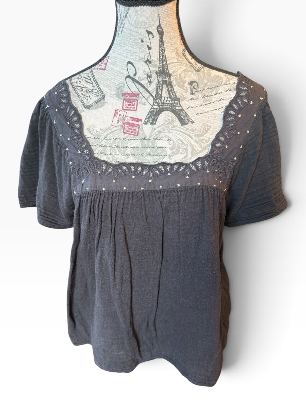 Sézane Black Lace Trim Gold Dot Flutter Sleeve Blouse FR 36 US 4